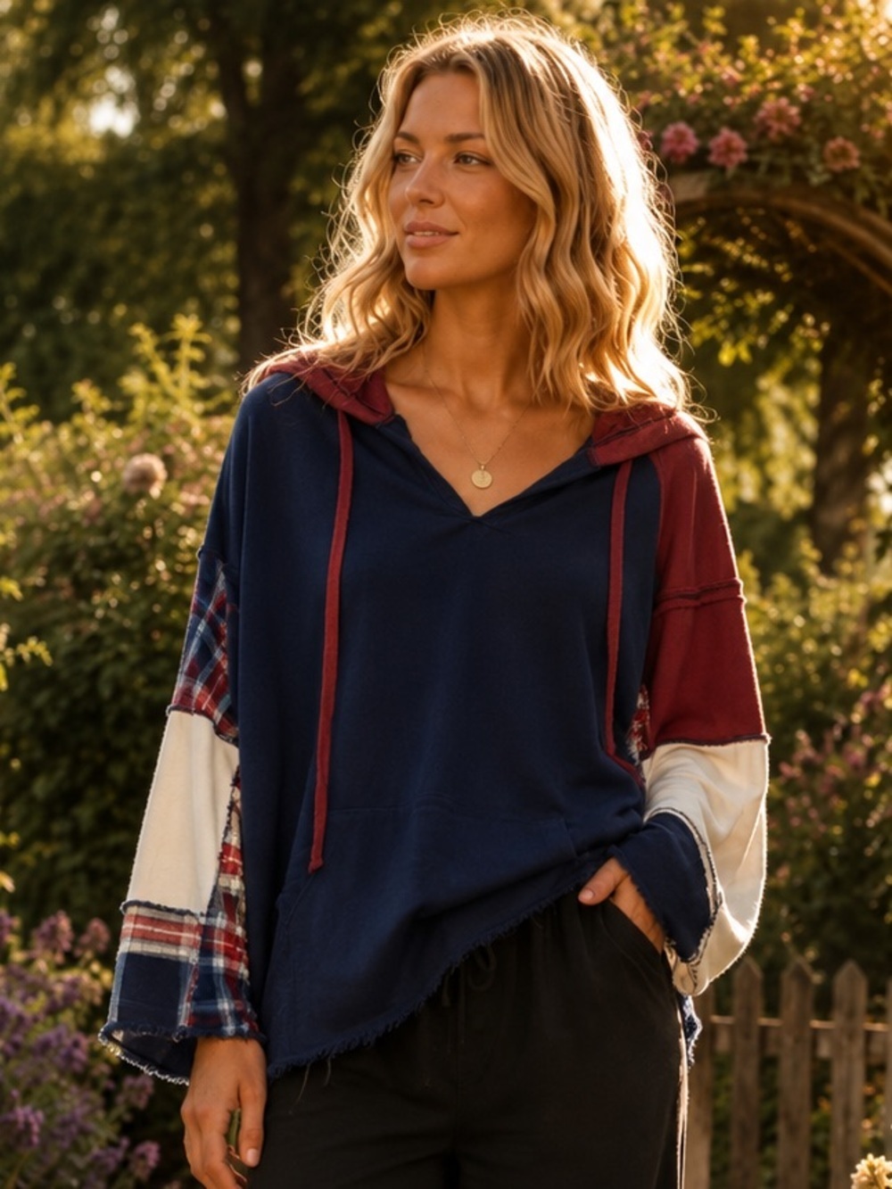 🦋BlueVelvet Sample Navy & Burgundy Hooded Patchwork Pullover BV1004